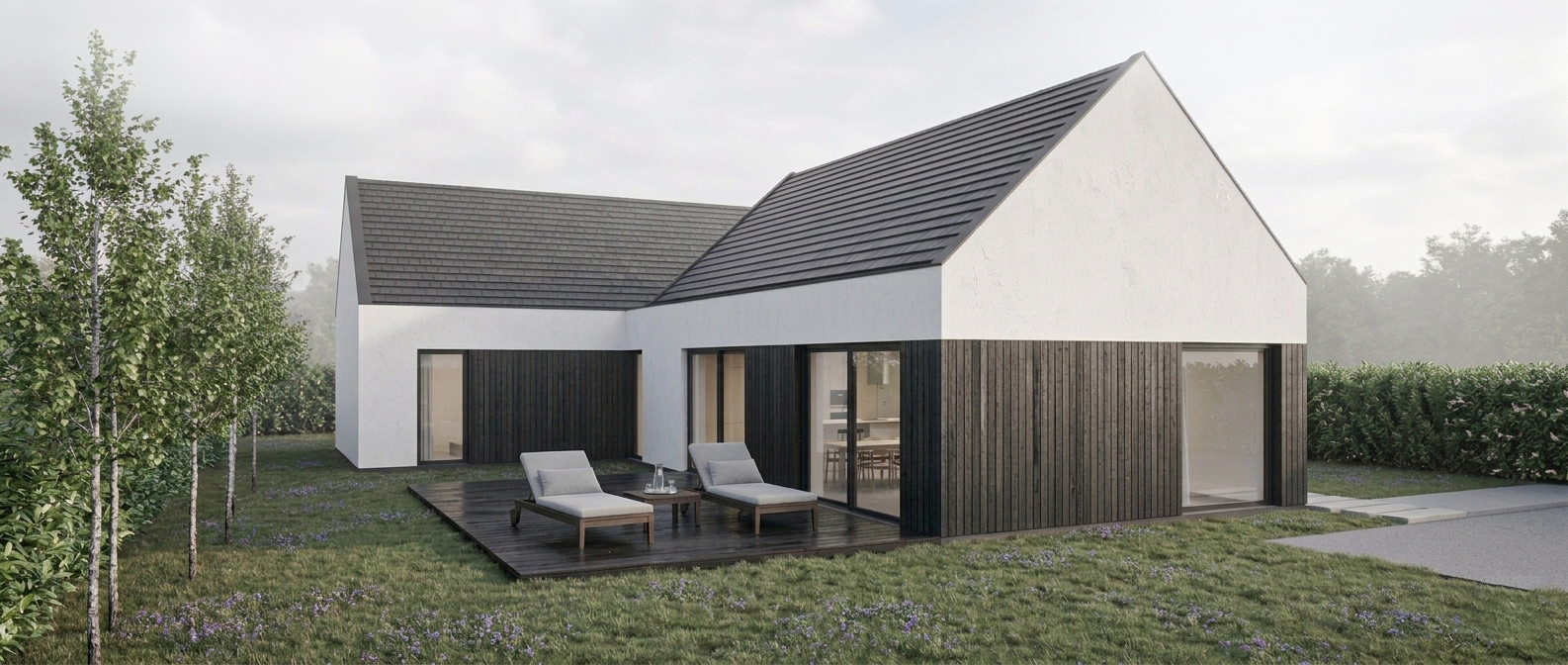 Elewacja ogrodowa nowoczesnego domu jednorodzinnego przy ul. Wiosennej z drewnianą elewacją i tarasem - projekt ASM Architekt.