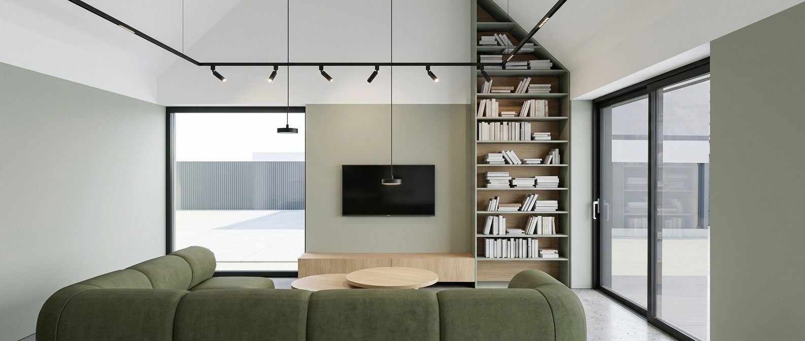 Nowoczesny salon z biblioteczką i dużymi przeszkleniami w domu przy ul. Wiosennej - projekt wnętrz ASM Architekt.