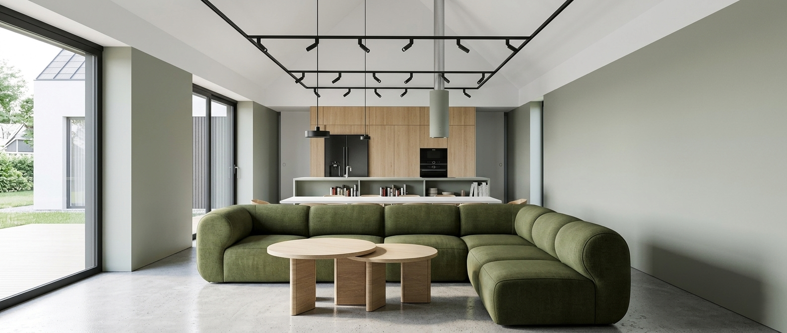 Nowoczesny salon z otwartą kuchnią w domu przy ul. Wiosennej - projekt wnętrz ASM Architekt.