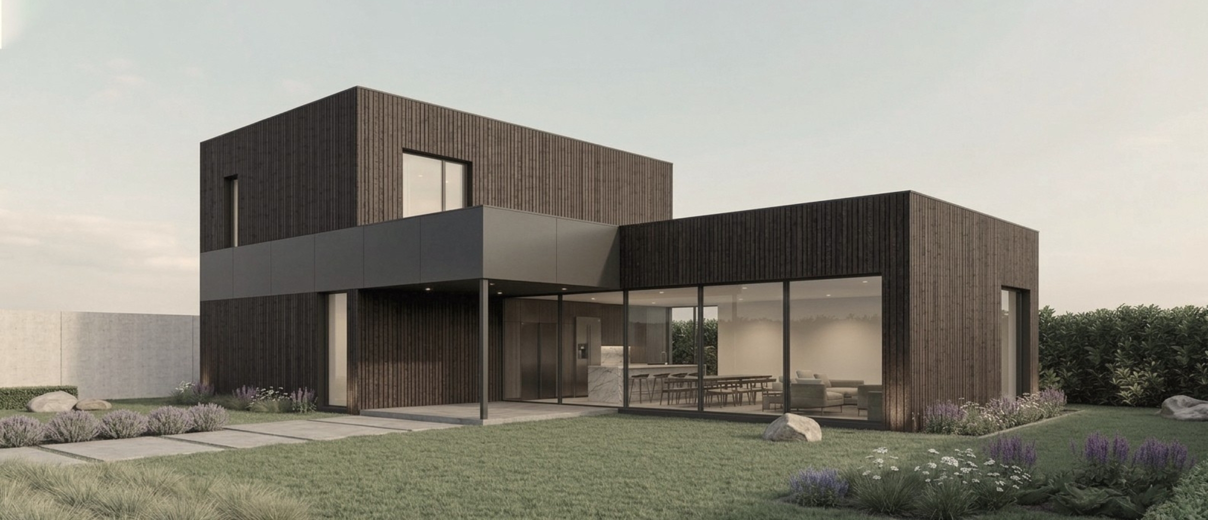 Elewacja ogrodowa nowoczesnego domu w Lesznie z panoramicznymi przeszkleniami - projekt ASM Architekt.