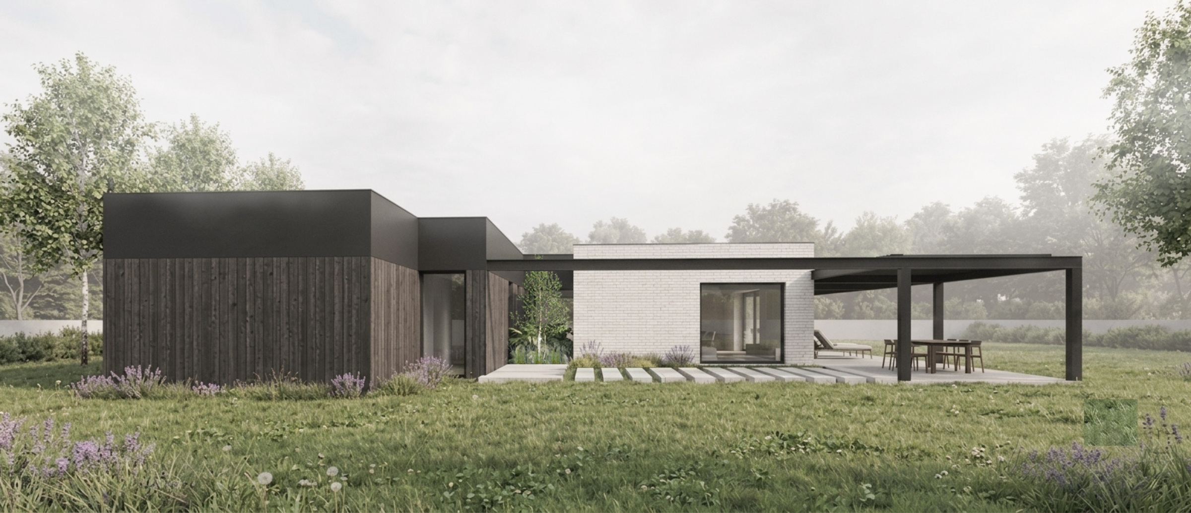Wizualizacja nowoczesnego domu jednorodzinnego w Śmiłowie z zadaszonym tarasem, drewnianą elewacją oraz jasną cegłą – projekt ASM Architekt.