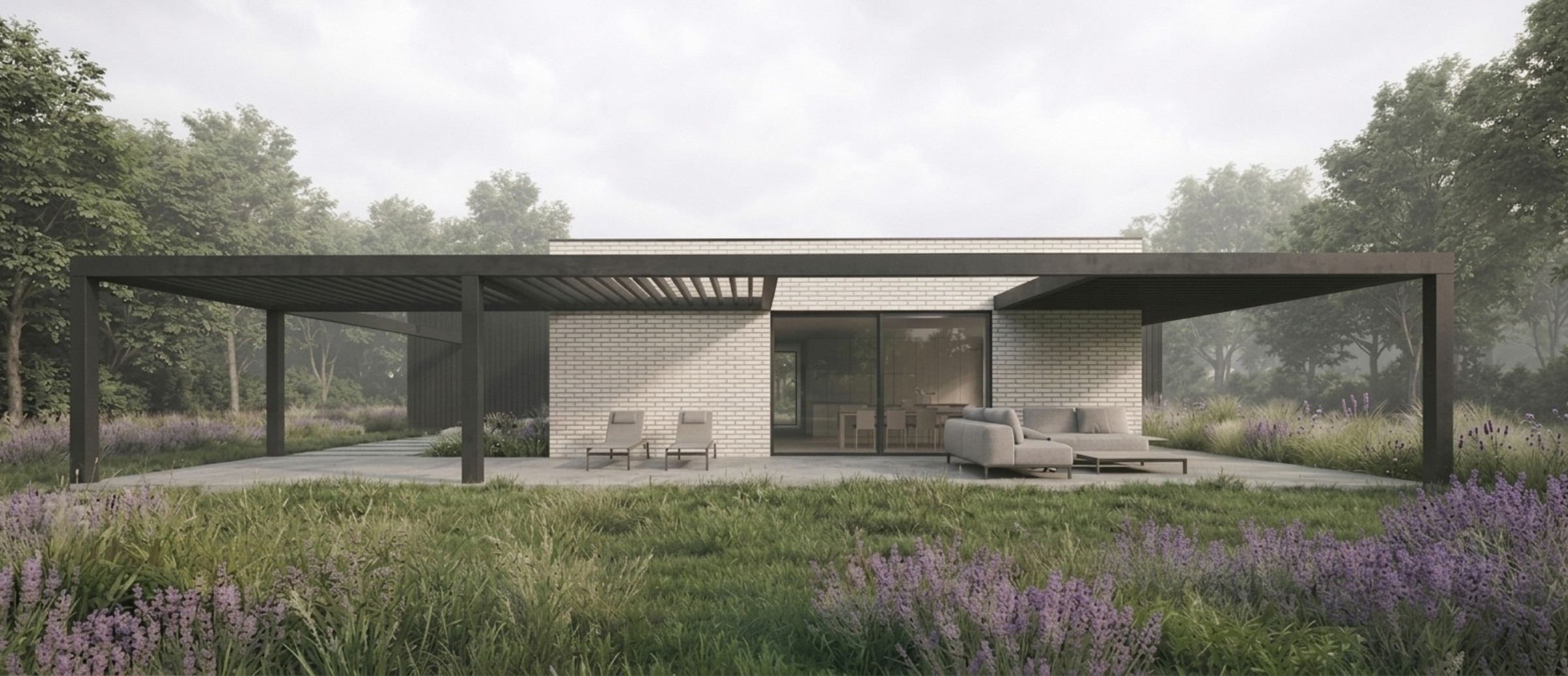 Projekt nowoczesnego domu jednorodzinnego w Śmiłowie z przestronnym tarasem, pergolą i ogrodem autorstwa ASM Architekt.