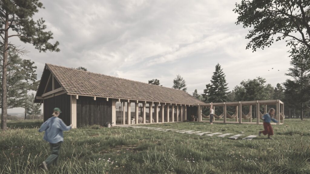 Wizualizacja studia jogi z drewnianą elewacją, przeszkloną fasadą oraz pergolą z hamakami w otoczeniu zieleni – projekt ASM Architekt.