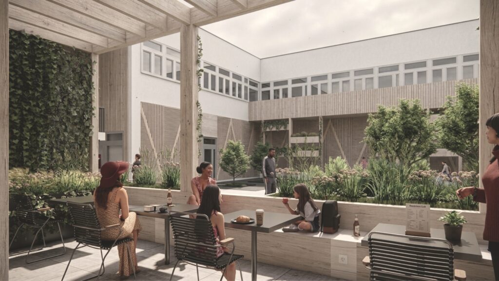 Wewnętrzny dziedziniec po rewitalizacji kwartału zabudowy z zielenią, miejscami do wypoczynku i przestrzenią integracji mieszkańców - projekt ASM Architekt.