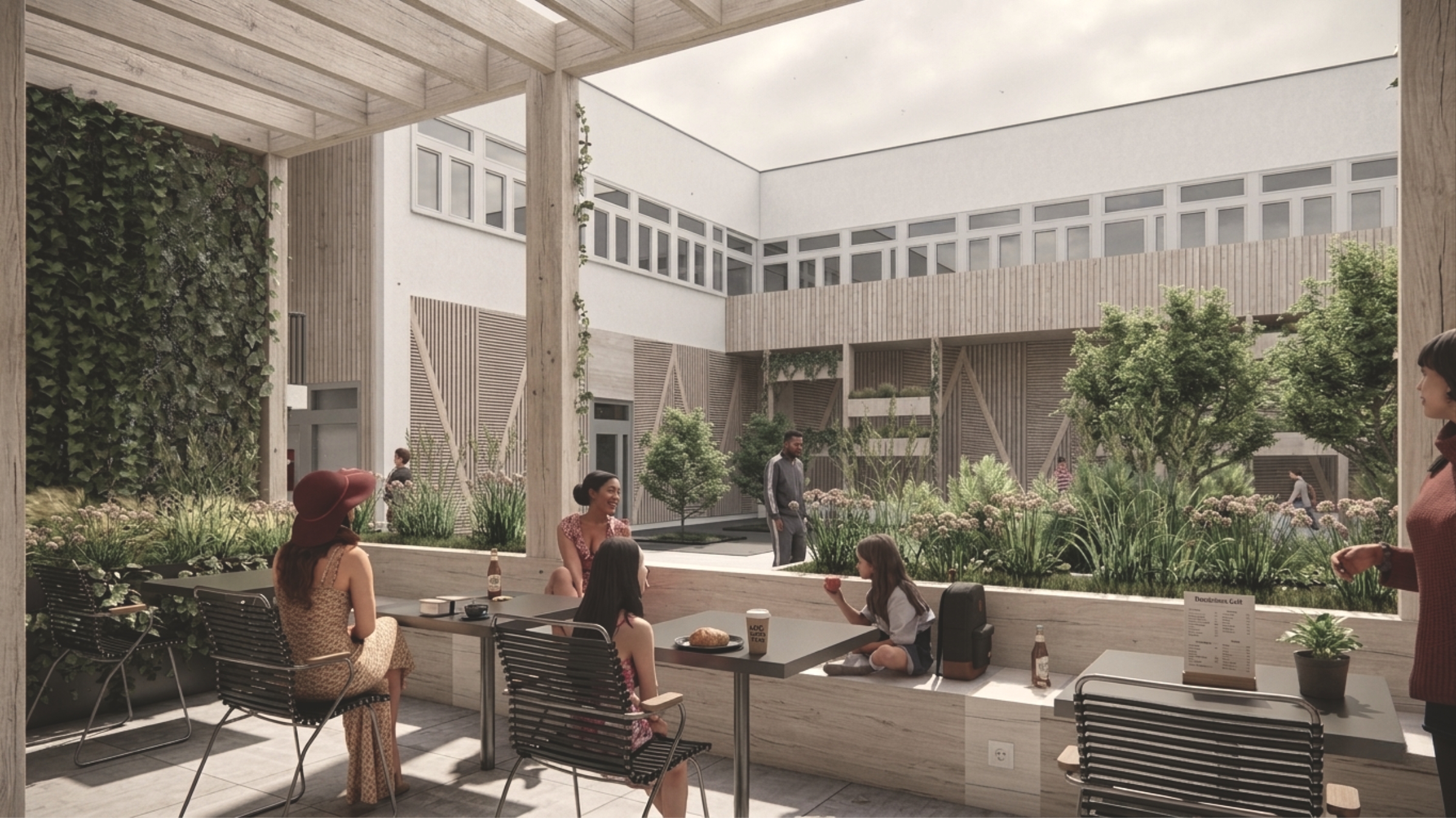 Wewnętrzny dziedziniec po rewitalizacji kwartału zabudowy z zielenią, miejscami do wypoczynku i przestrzenią integracji mieszkańców - projekt ASM Architekt.