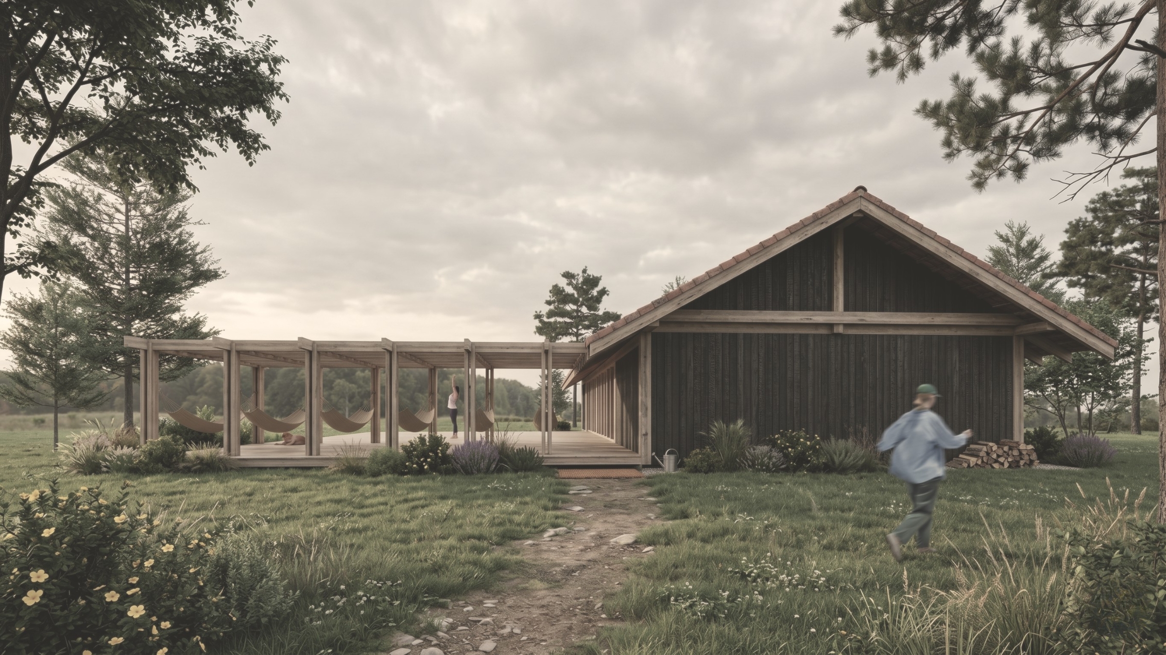 Wizualizacja elewacji studia jogi z drewnianą pergolą, tarasem i strefą relaksu w otoczeniu natury – projekt ASM Architekt.