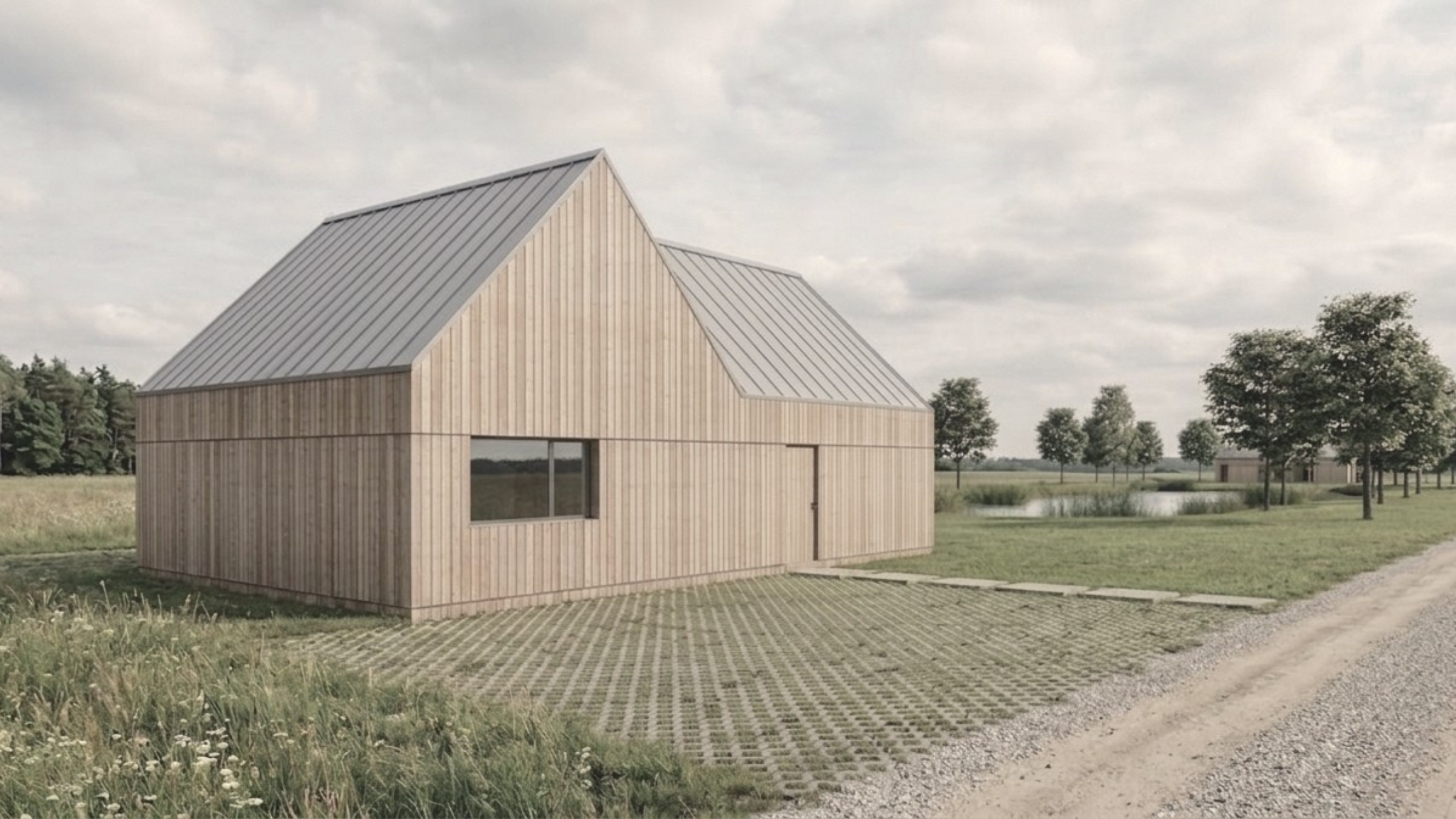 Wizualizacja nowoczesnego domu jednorodzinnego typu nowoczesna stodoła z drewnianą elewacją i dachem na rąbek - projekt ASM Architekt.