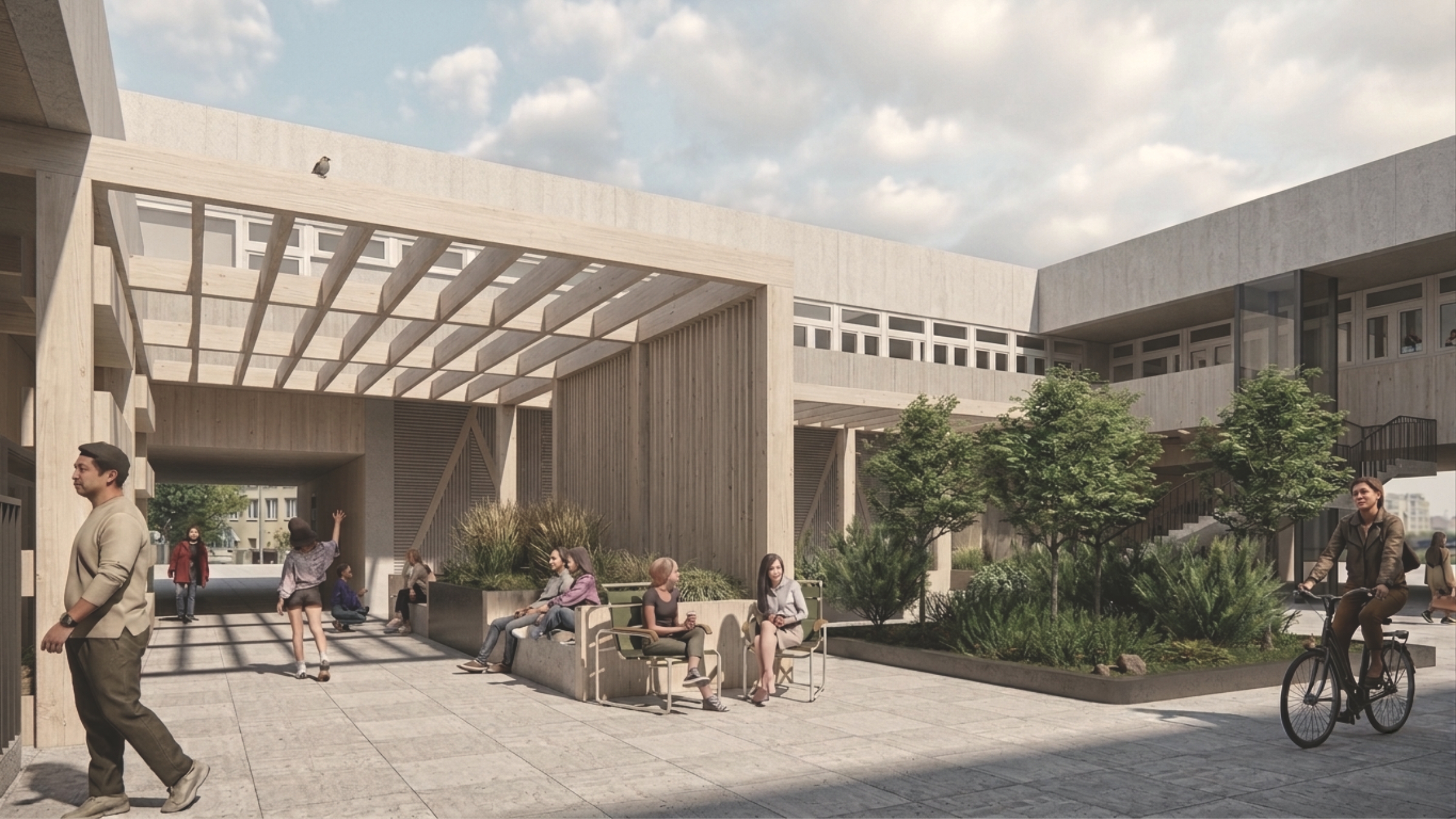 Przestrzeń wspólna po rewitalizacji kwartału zabudowy z zielenią, miejscami do wypoczynku i ciągami pieszymi - projekt ASM Architekt.
