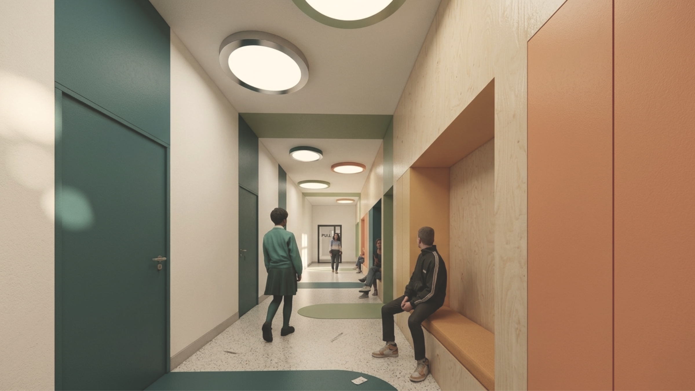 Korytarz prywatnej szkoły z zabudowanymi siedziskami zaprojektowany przez studio ASM Architekt.