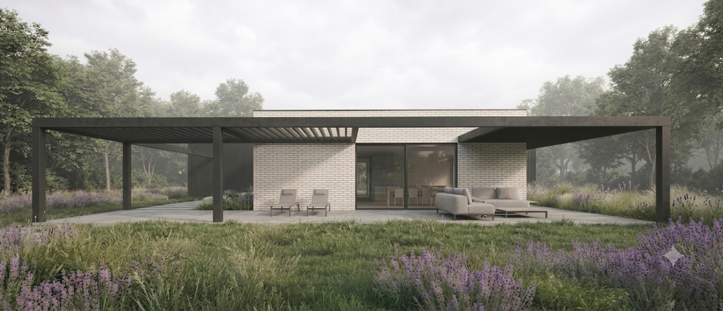 Projekt nowoczesnego domu jednorodzinnego w Śmiłowie z przestronnym tarasem, pergolą i ogrodem autorstwa ASM Architekt.