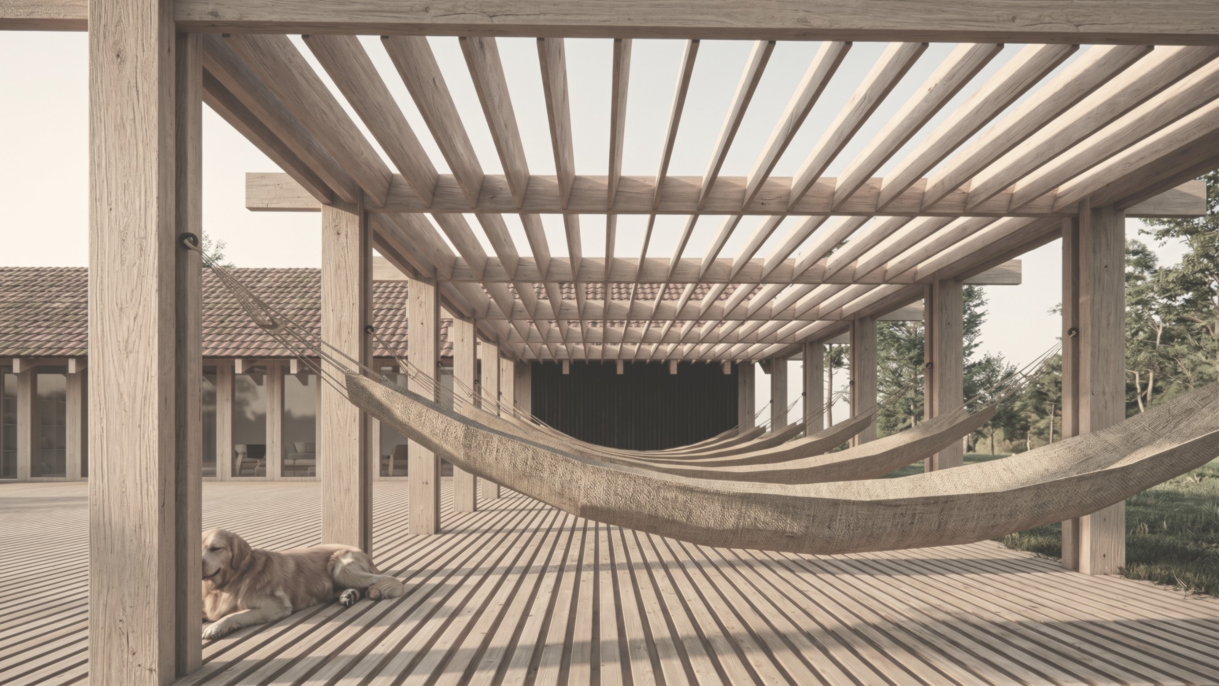 Wizualizacja zadaszonego tarasu studia jogi z drewnianą pergolą, hamakami i strefą relaksu - projekt ASM Architekt.