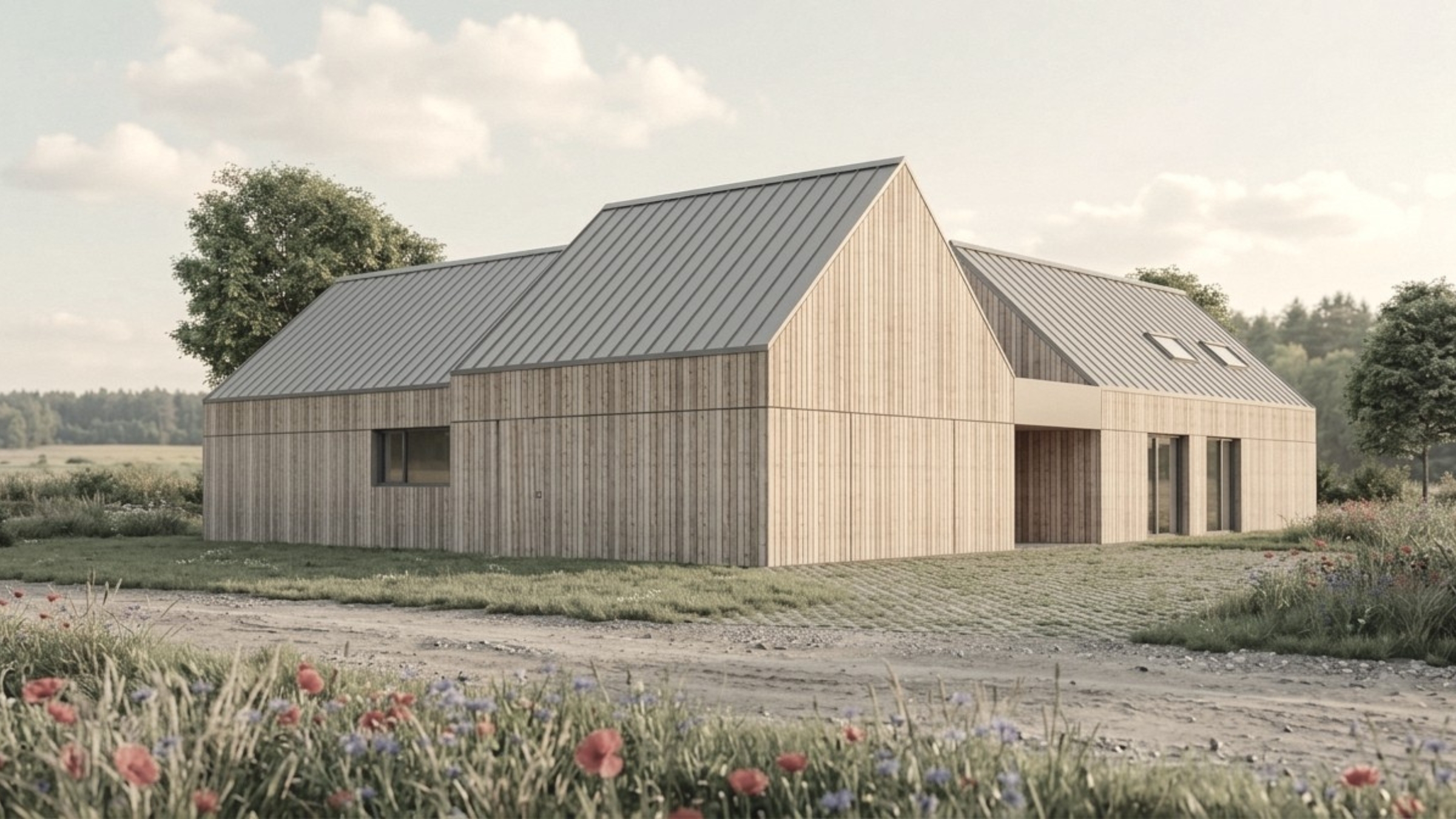 Wizualizacja nowoczesnego domu jednorodzinnego typu nowoczesna stodoła z drewnianą elewacją i dwuspadowym dachem - projekt ASM Architekt.