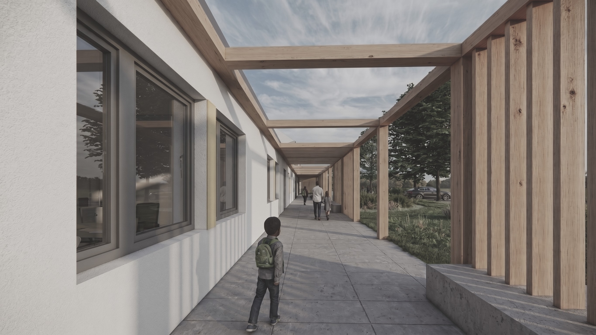 Zadaszony ciąg komunikacyjny przy budynku szkoły Happy House z drewnianą pergolą i zielonym otoczeniem - projekt ASM Architekt.