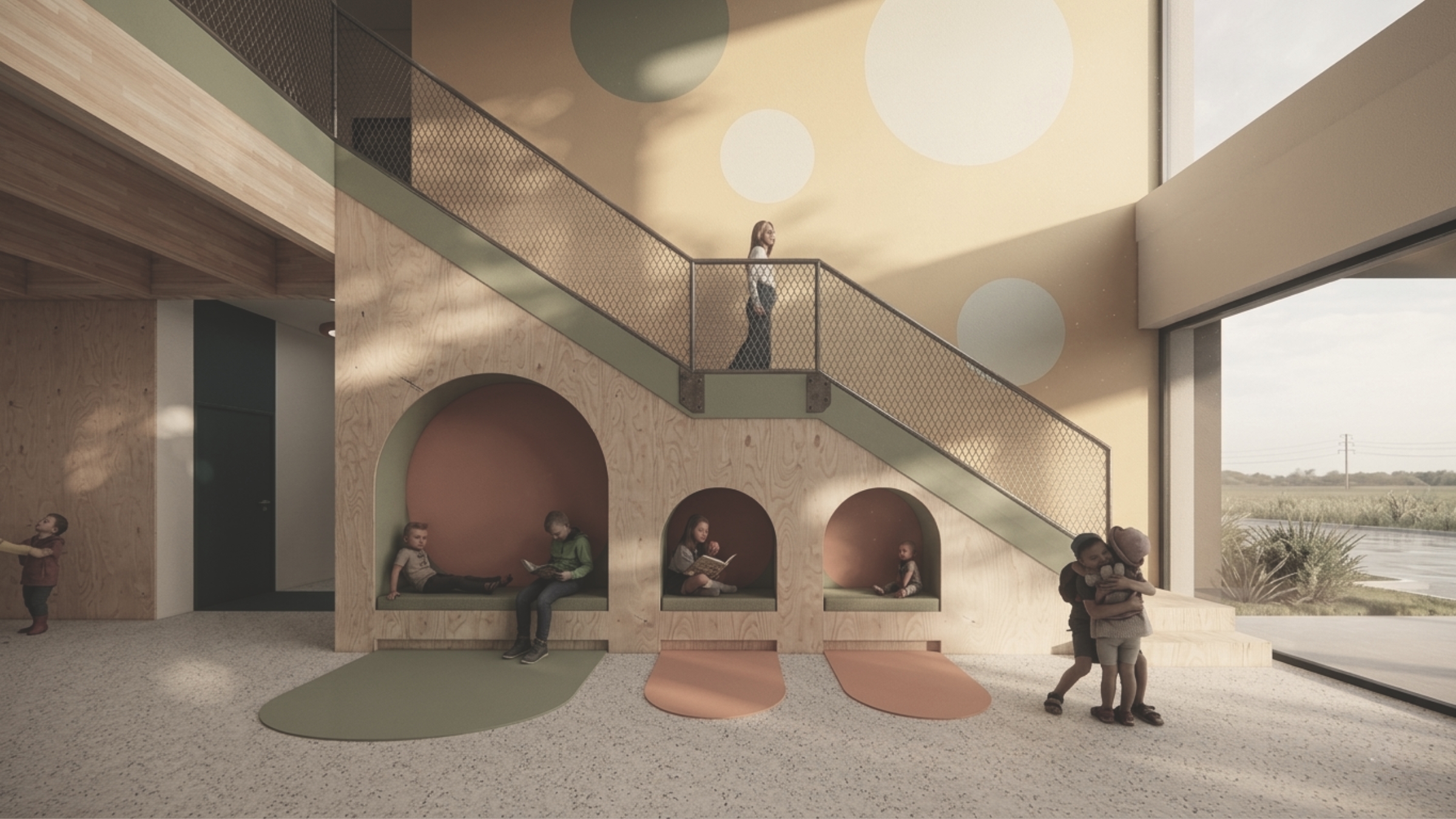 Strefa wspólna prywatnej szkoły z miejscami do czytania i odpoczynku zaprojektowana przez studio ASM Architekt.