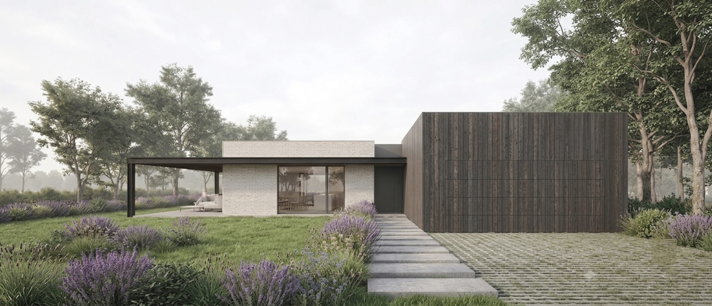 Wizualizacja nowoczesnego domu jednorodzinnego w Śmiłowie z drewnianą elewacją, jasną cegłą oraz minimalistycznym zagospodarowaniem terenu – projekt ASM Architekt.
