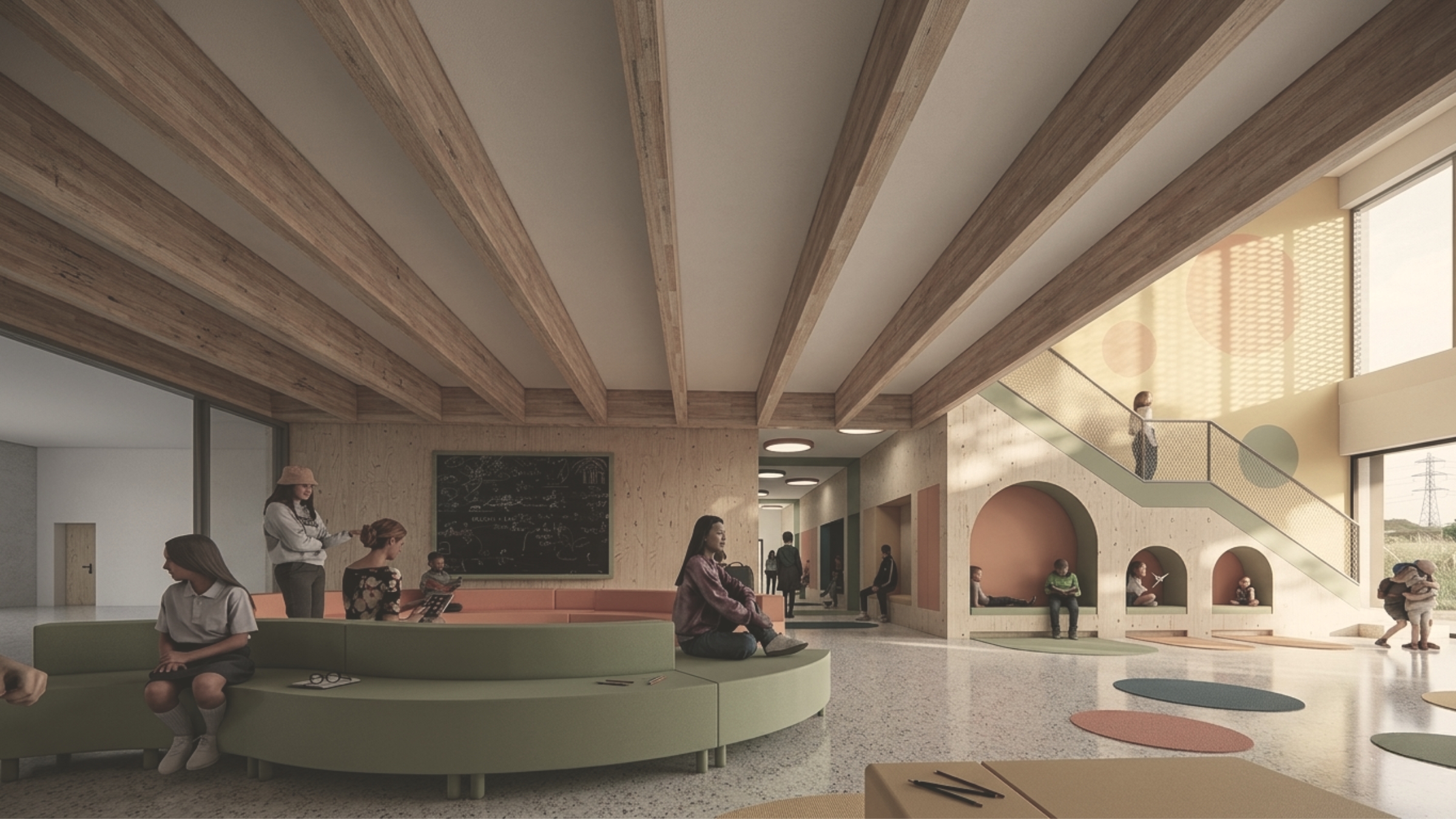 Hol główny prywatnej szkoły z wielofunkcyjną strefą wspólną zaprojektowany przez studio ASM Architekt.
