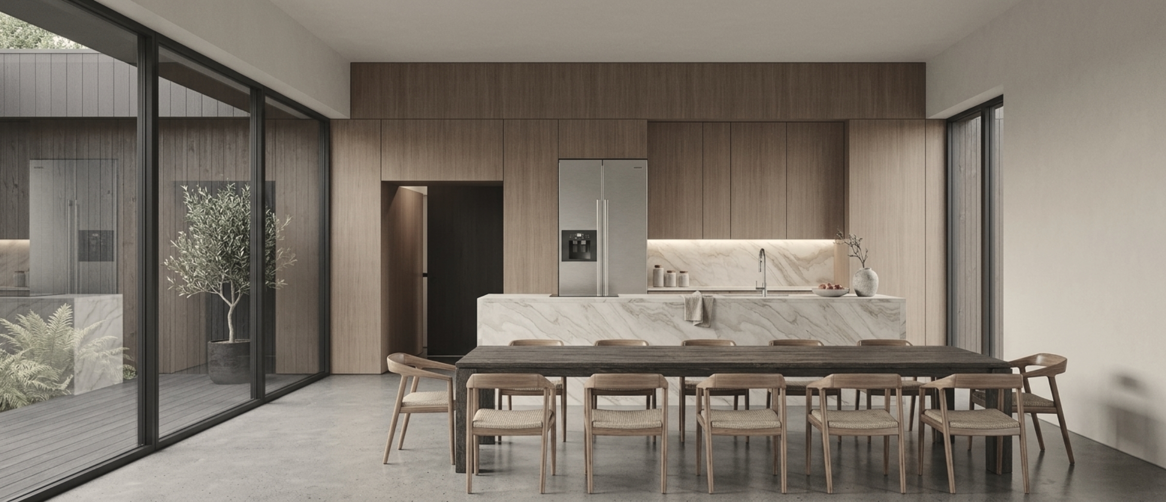 Nowoczesna kuchnia z marmurową wyspą i jadalnią w domu w Lesznie - projekt wnętrz ASM Architekt.