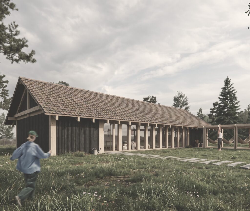 Wizualizacja studia jogi z drewnianą elewacją, przeszkloną fasadą oraz pergolą z hamakami w otoczeniu zieleni – projekt ASM Architekt.