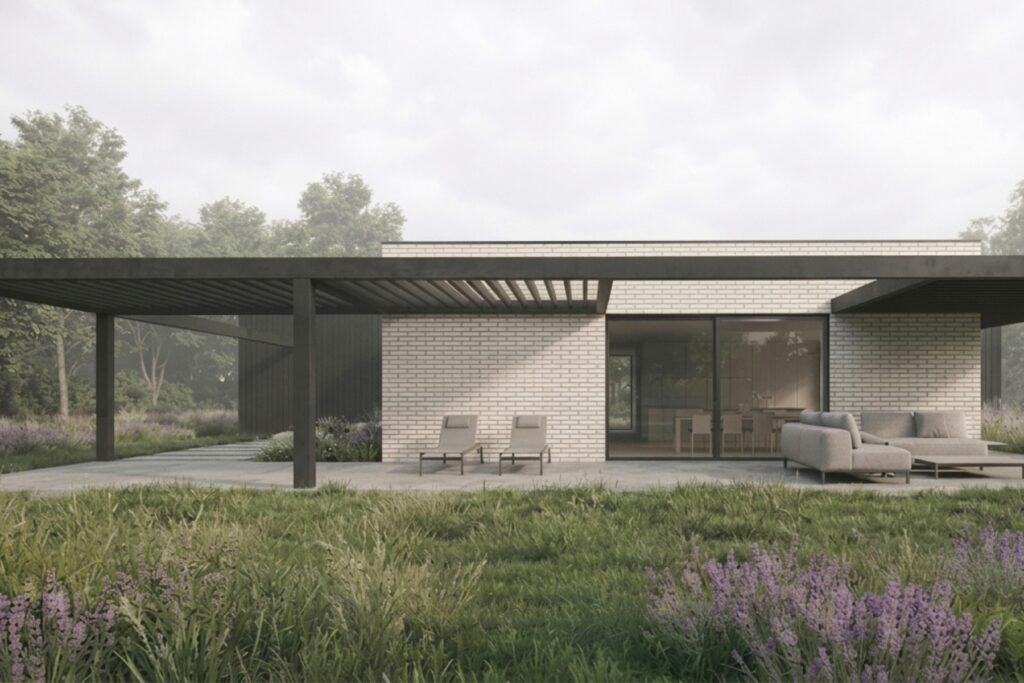 Projekt nowoczesnego domu jednorodzinnego w Śmiłowie z przestronnym tarasem, pergolą i ogrodem autorstwa ASM Architekt.