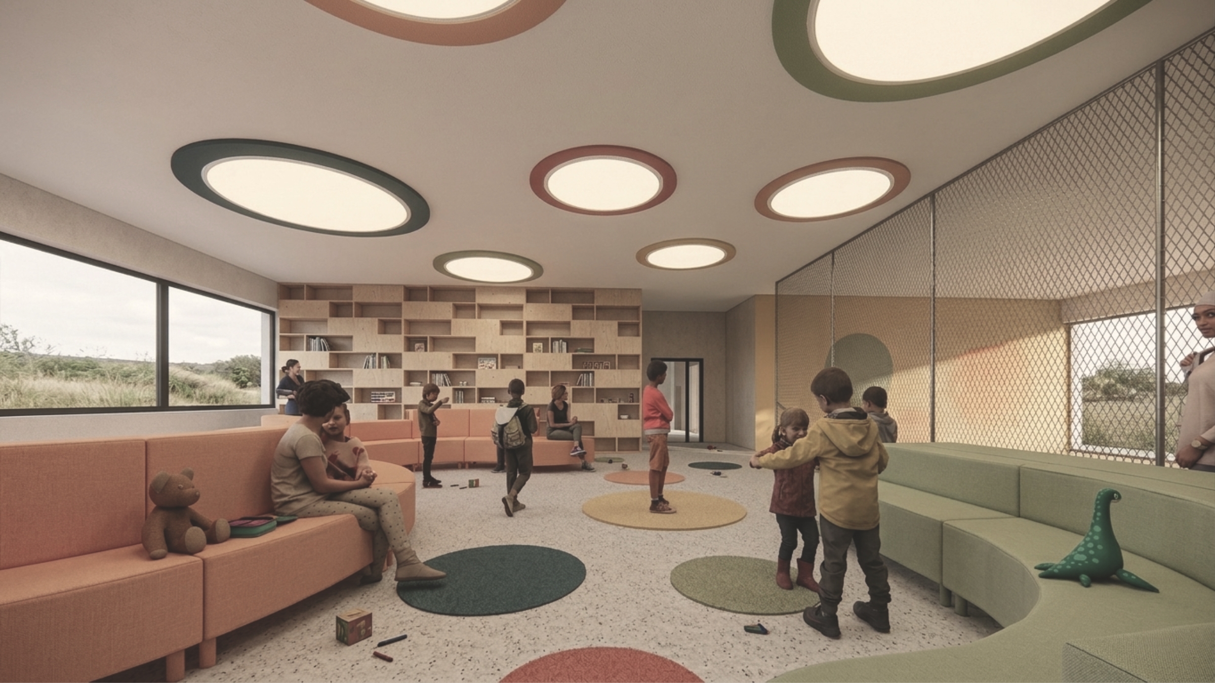 Strefa rekreacyjna i integracyjna dla dzieci w prywatnej szkole zaprojektowana przez studio ASM Architekt.