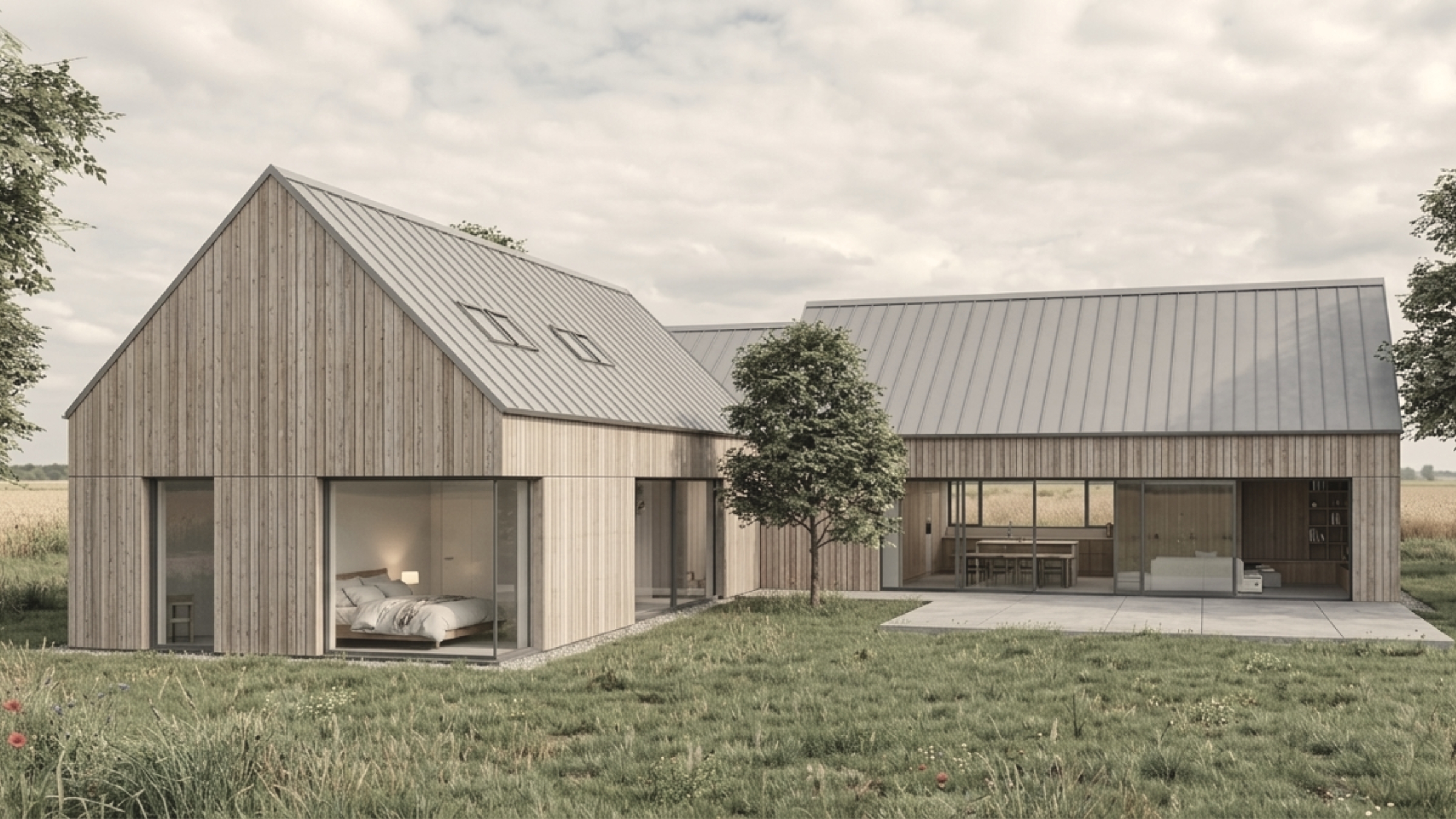Wizualizacja nowoczesnego domu jednorodzinnego typu nowoczesna stodoła z drewnianą elewacją i dużymi przeszkleniami - projekt ASM Architekt.