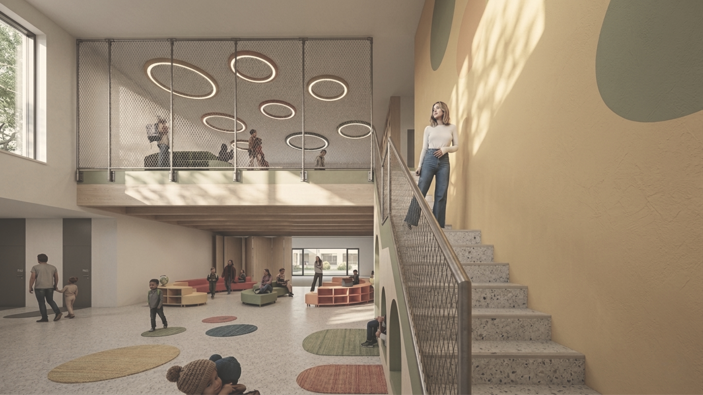 Dwukondygnacyjny hol z antresolą w prywatnej szkole zaprojektowany przez studio ASM Architekt.