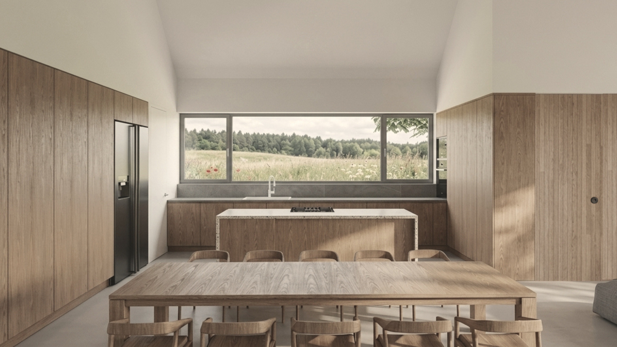 Kuchnia z wyspą i jadalnią w domu jednorodzinnym w Moszowicach z panoramicznym oknem wychodzącym na ogród - projekt ASM Architekt