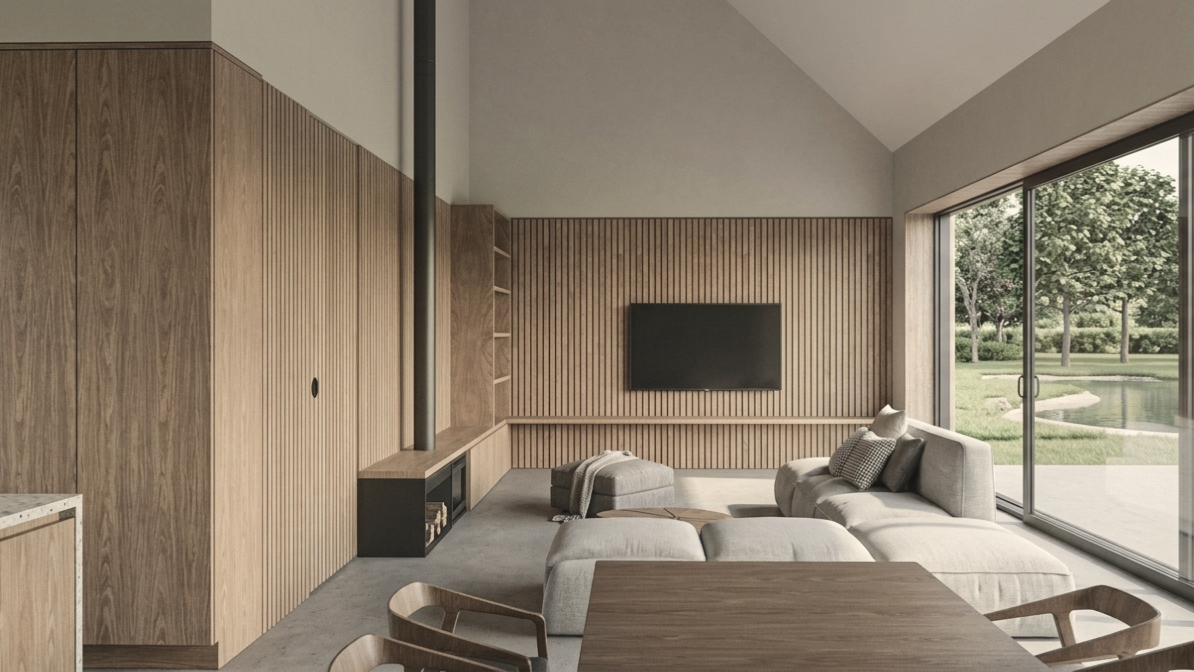 Salon domu jednorodzinnego w Moszowicach z kominkiem, drewnianą zabudową i panoramicznym przeszkleniem - projekt ASM Architekt.