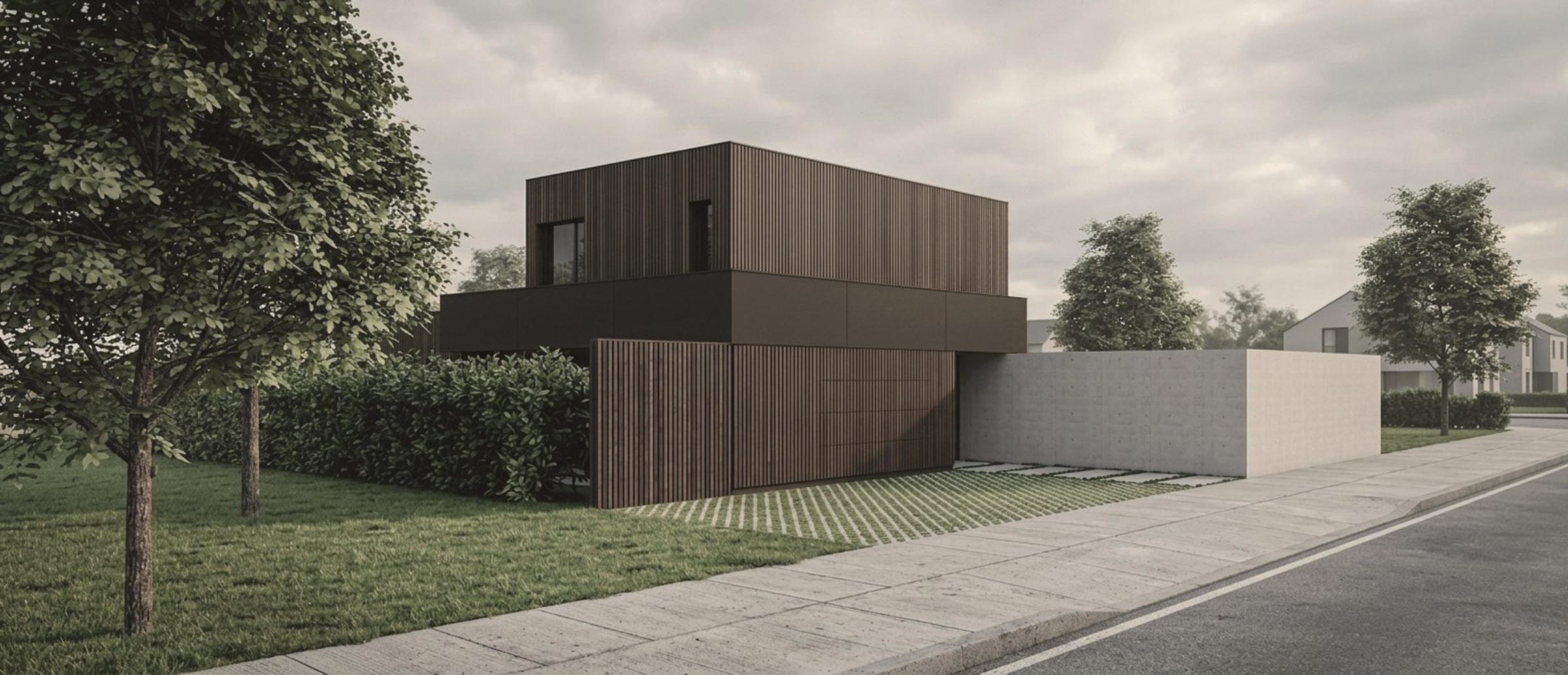 Nowoczesny dom w Lesznie z drewnianą elewacją i betonowym ogrodzeniem projekt ASM Architekt.