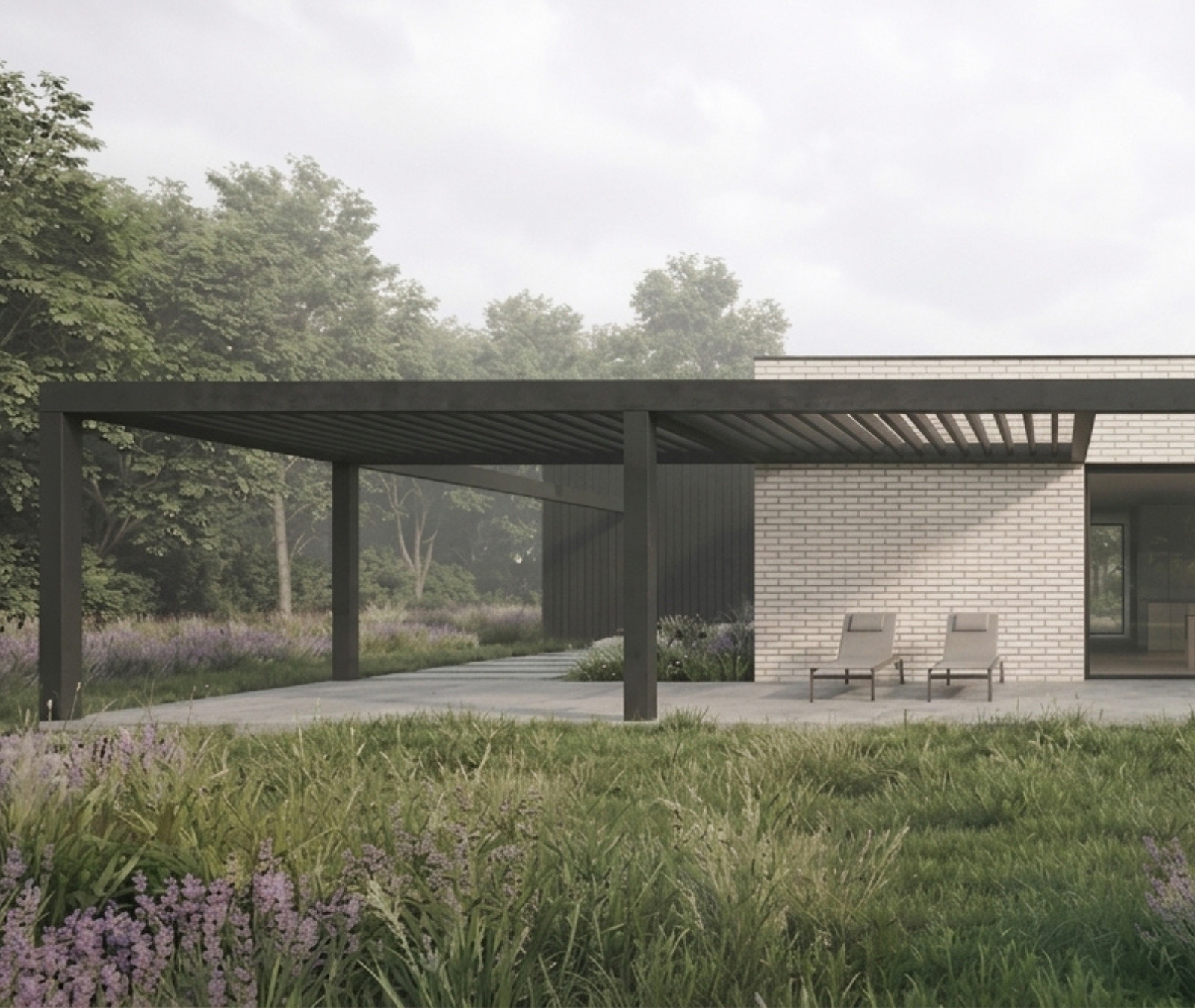 Projekt nowoczesnego domu jednorodzinnego w Śmiłowie z przestronnym tarasem, pergolą i ogrodem autorstwa ASM Architekt.