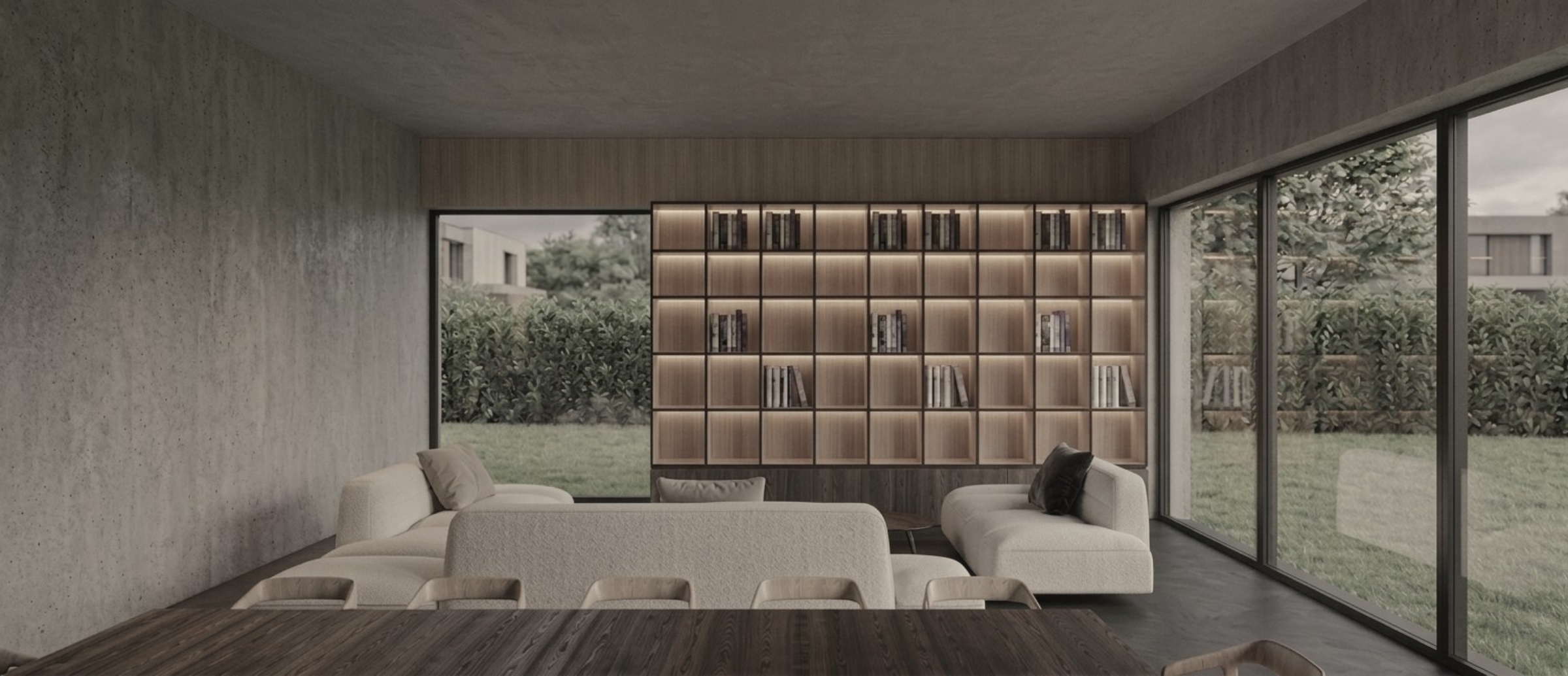 Nowoczesny salon z biblioteką i panoramicznymi przeszkleniami w domu w Lesznie - projekt wnętrz ASM Architekt.