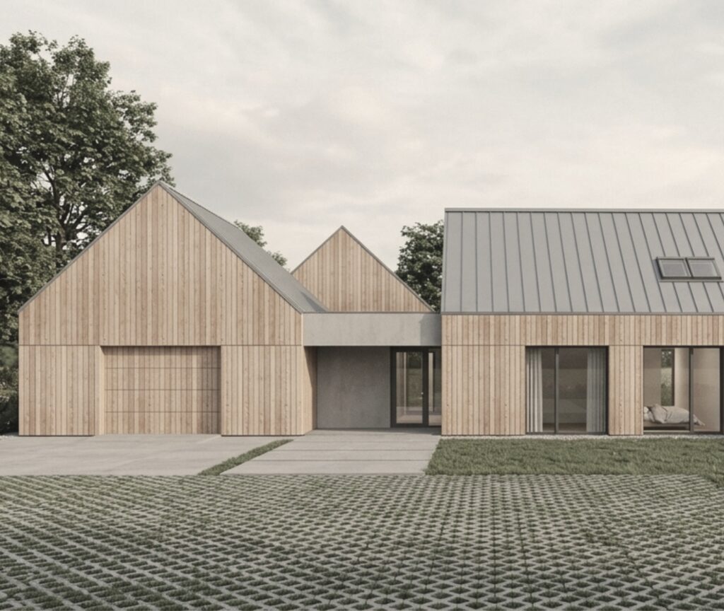 Elewacja frontowa domu jednorodzinnego w Moszowicach zaprojektowanego przez studio architektoniczne ASM Architekt.