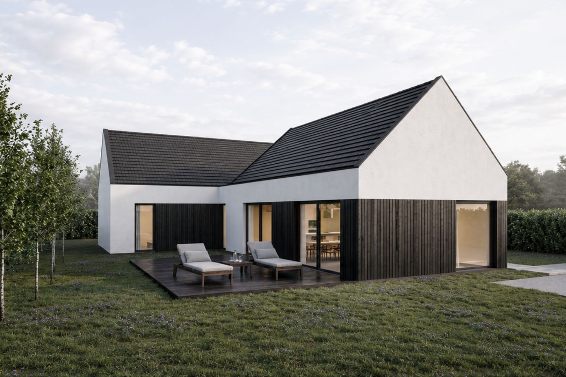 Elewacja ogrodowa nowoczesnego domu jednorodzinnego przy ul. Wiosennej z drewnianą elewacją i tarasem - projekt ASM Architekt.