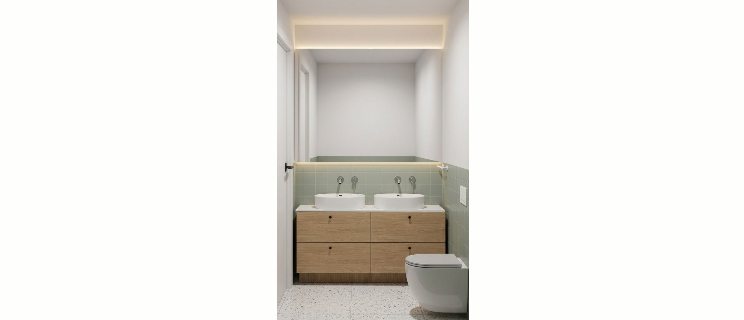 Strefa umywalkowa w nowoczesnej łazience domu przy ul. Wiosennej z drewnianą zabudową i podwójną umywalką - projekt ASM Architekt.