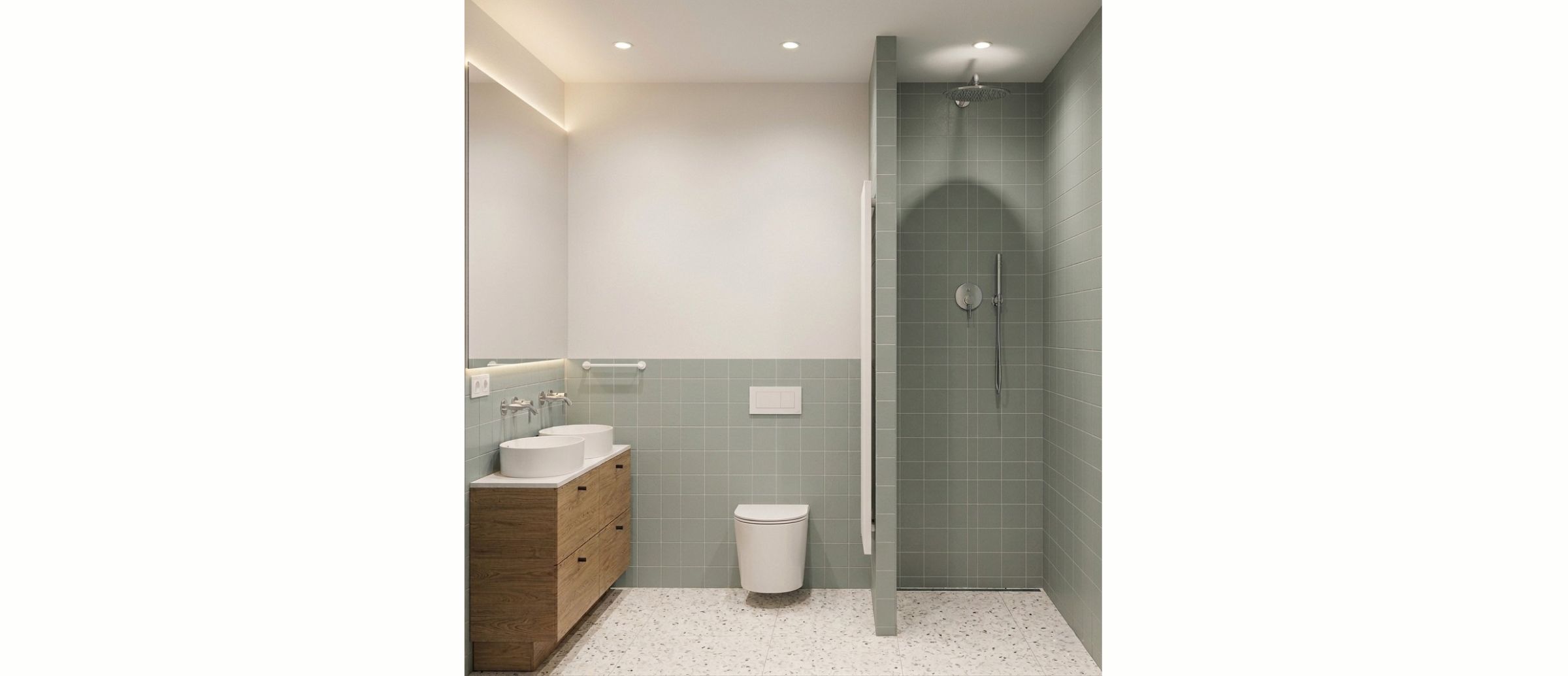 Projekt nowoczesnej łazienki w domu przy ul. Wiosennej z minimalistyczną zabudową i prysznicem typu walk-in autorstwa ASM Architekt.