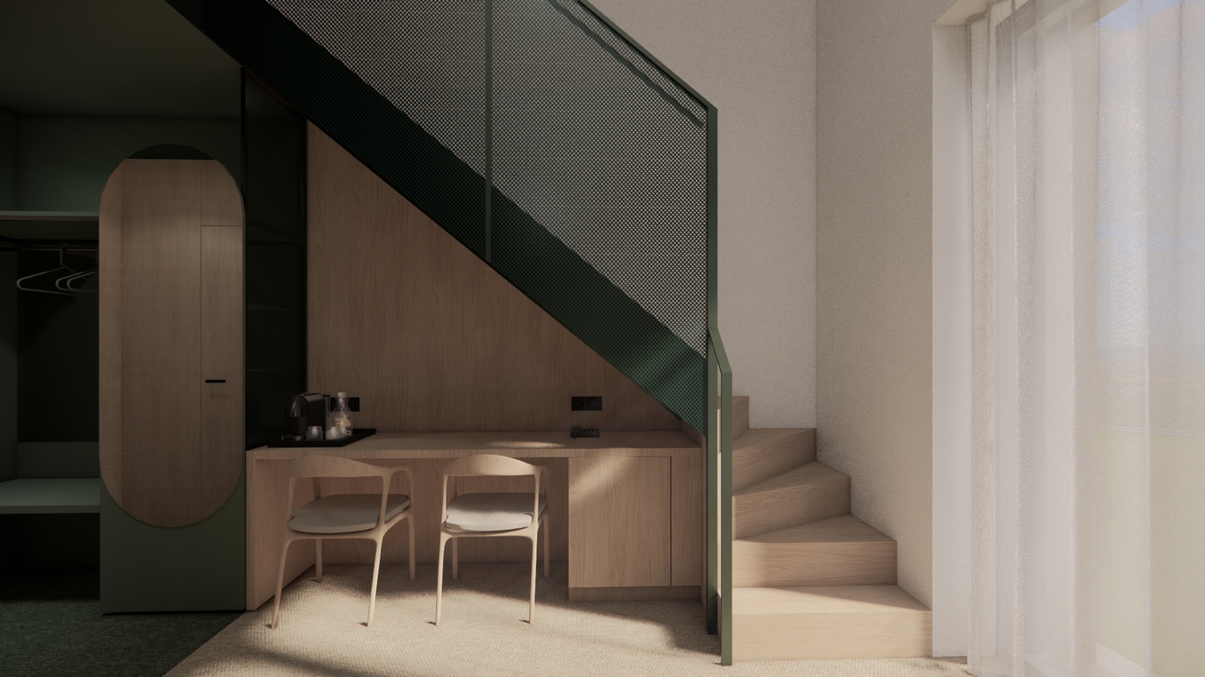 Pokój hotelowy z antresolą w hotelu Masz Room zaprojektowany przez studio ASM Architekt.