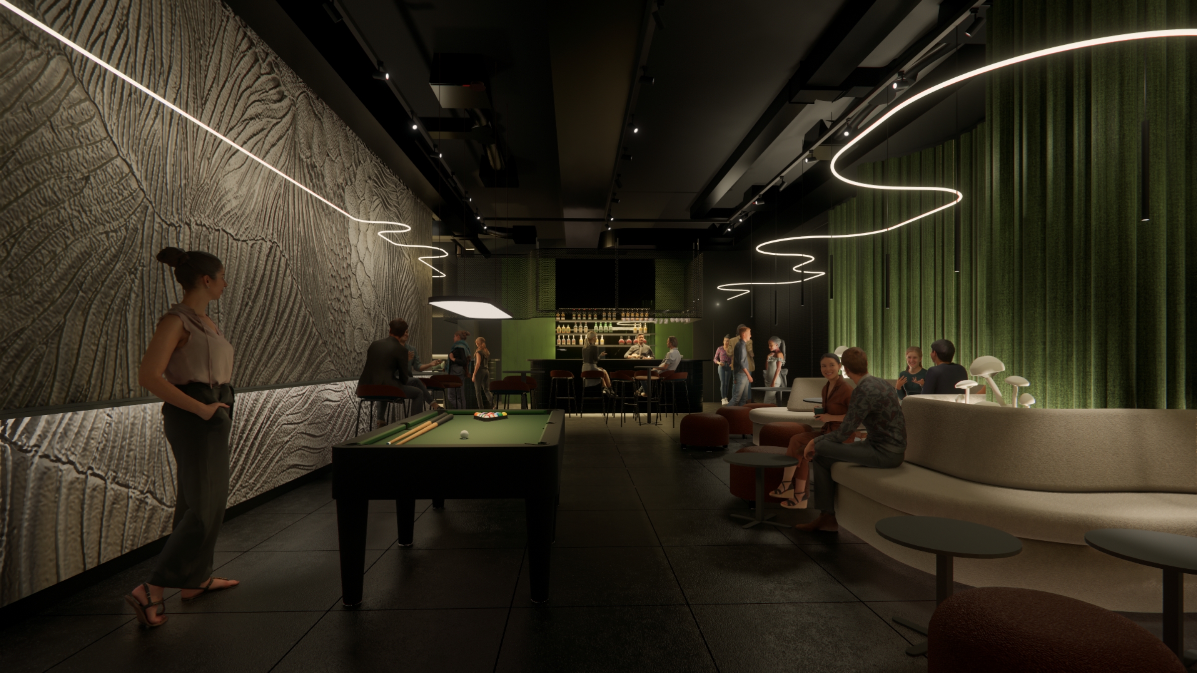 Strefa barowa i lounge hotelu Masz Room według projektu studia ASM Architekt.