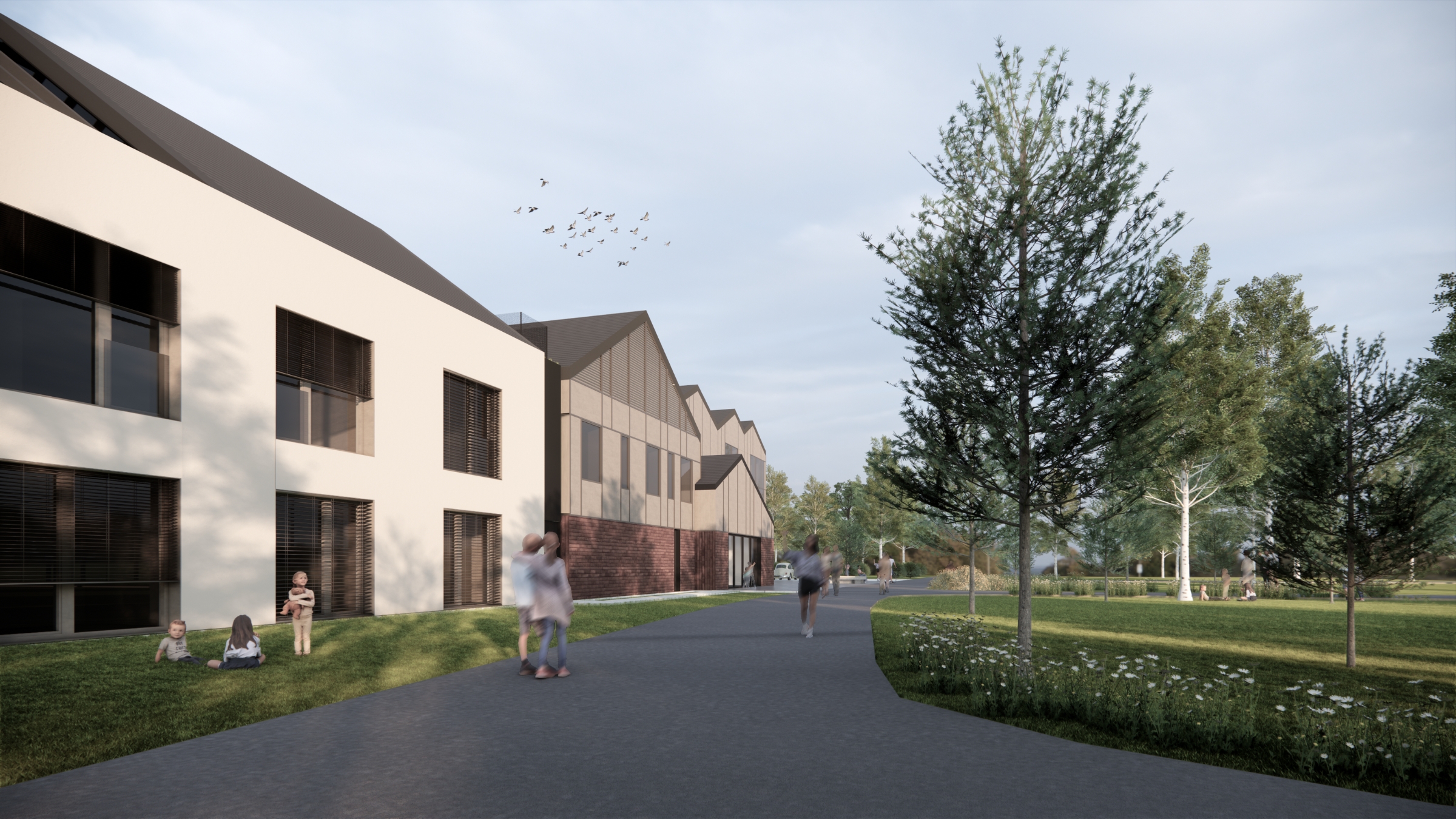 Projekt hotelu Masz Room z terenami zielonymi, ciągami pieszymi i nowoczesną architekturą zaprojektowany przez ASM Architekt.