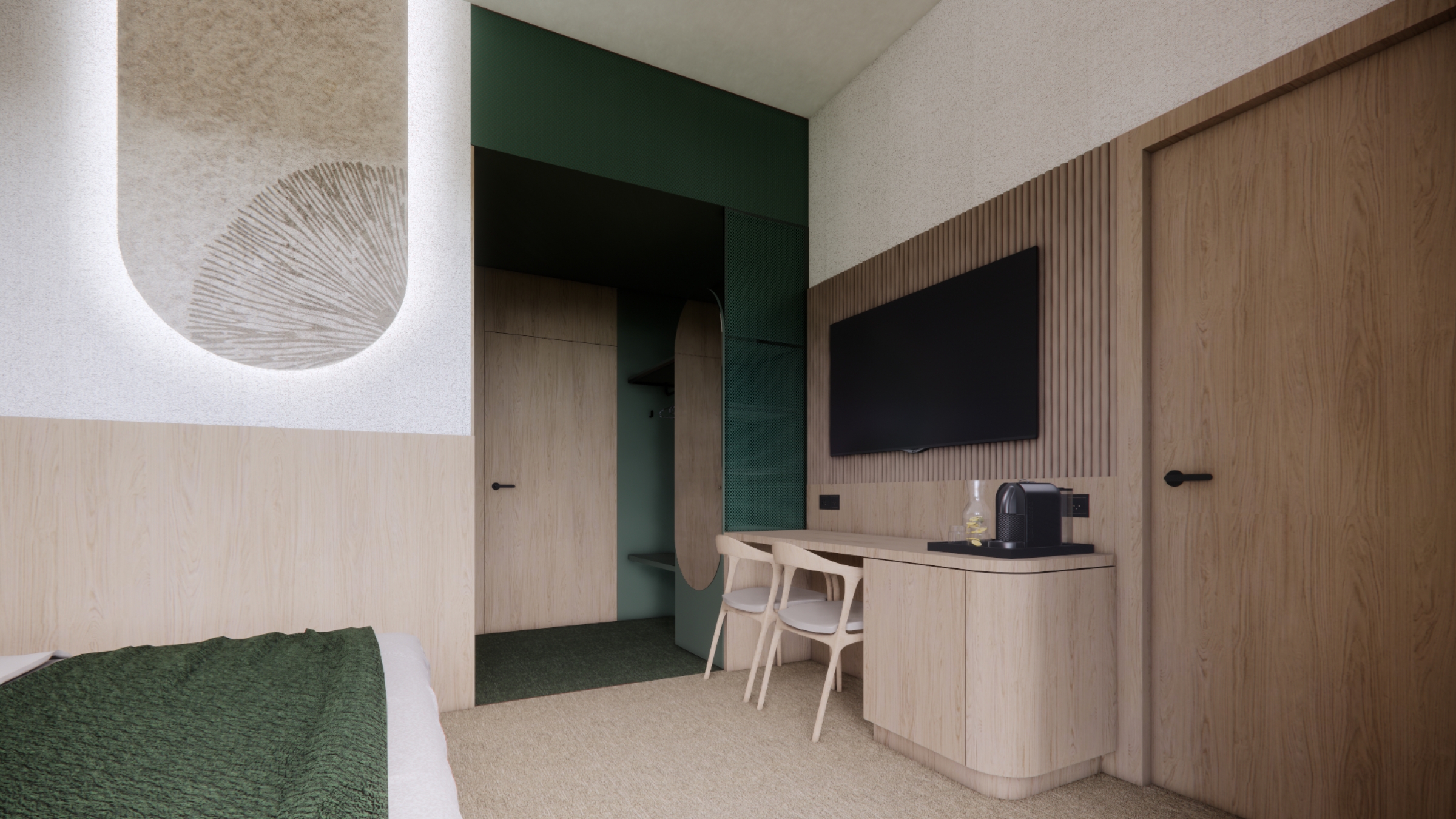 Wnętrze pokoju hotelowego w hotelu Masz Room zaprojektowanego przez studio ASM Architekt.