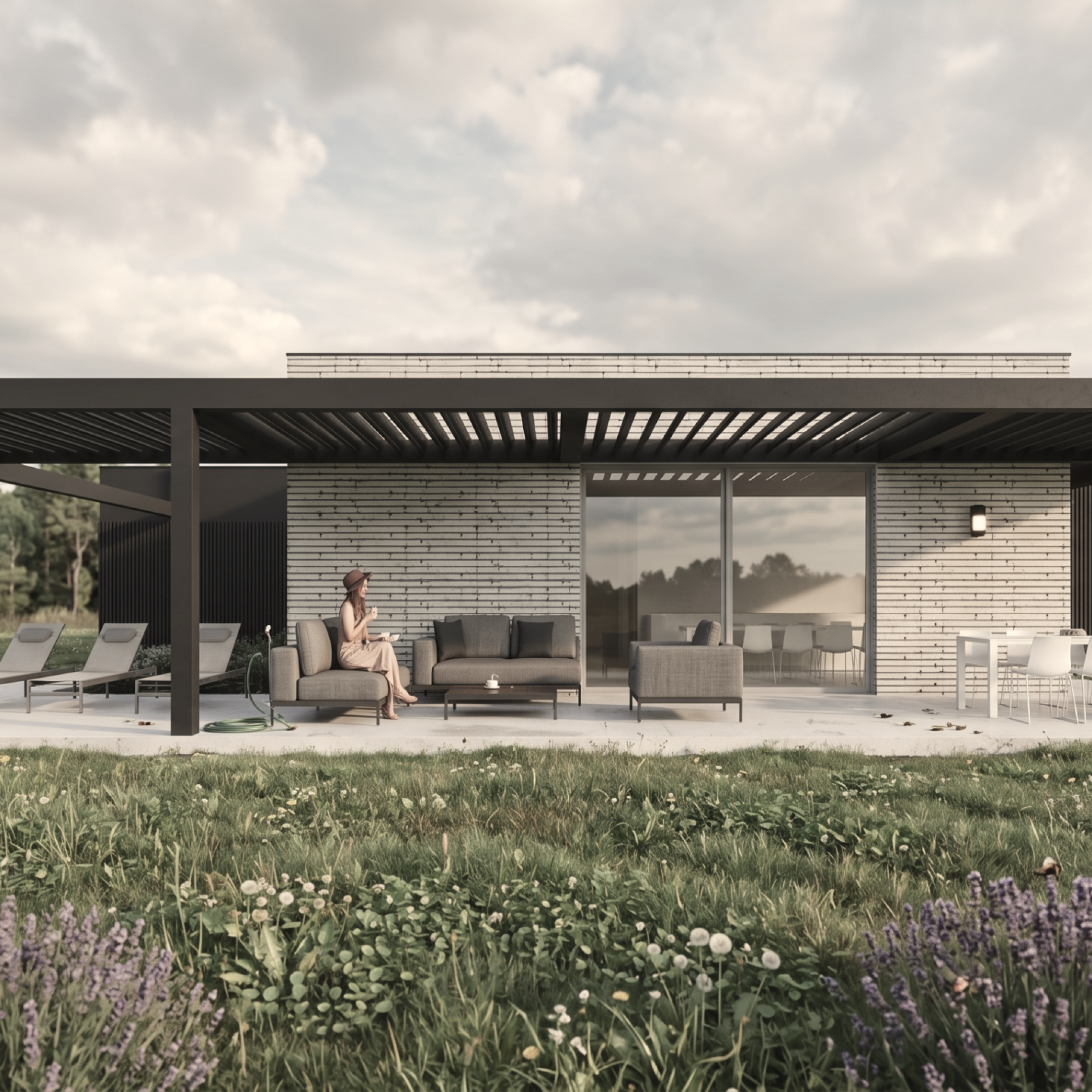 Projekt nowoczesnego domu jednorodzinnego w Śmiłowie z przestronnym tarasem, pergolą i ogrodem autorstwa ASM Architekt.