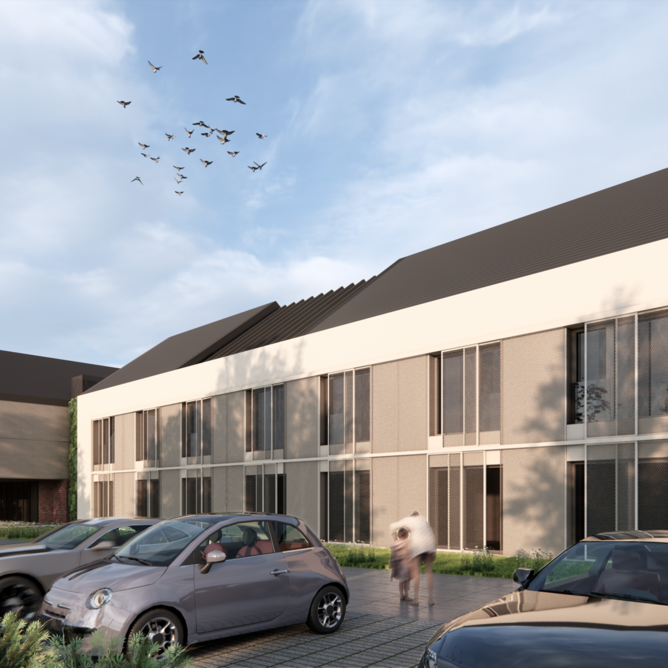 Projekt hotelu Masz Room z elewacją pokojów hotelowych oraz strefą parkingową zaprojektowany przez ASM Architekt.