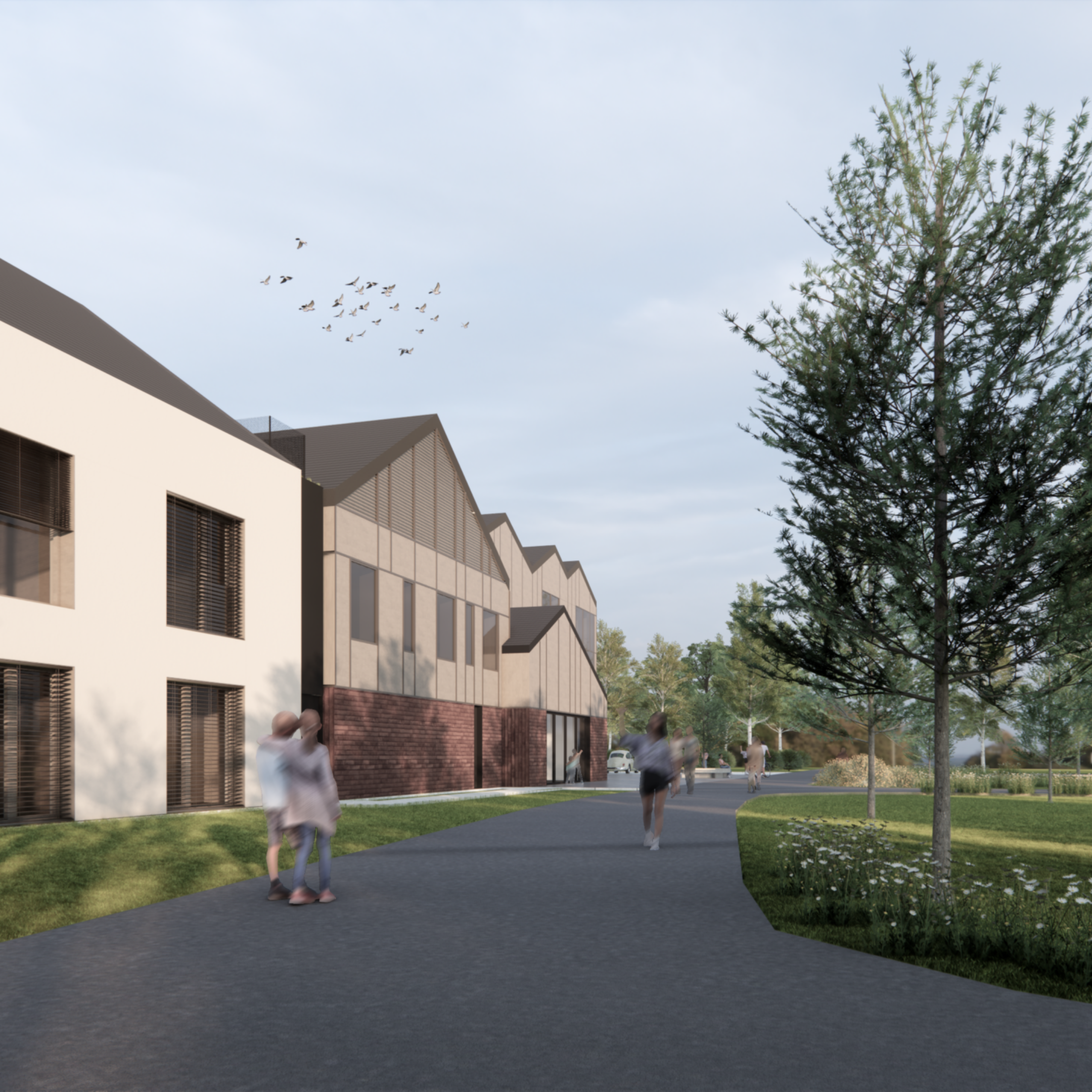 Projekt hotelu Masz Room z terenami zielonymi, ciągami pieszymi i nowoczesną architekturą zaprojektowany przez ASM Architekt.